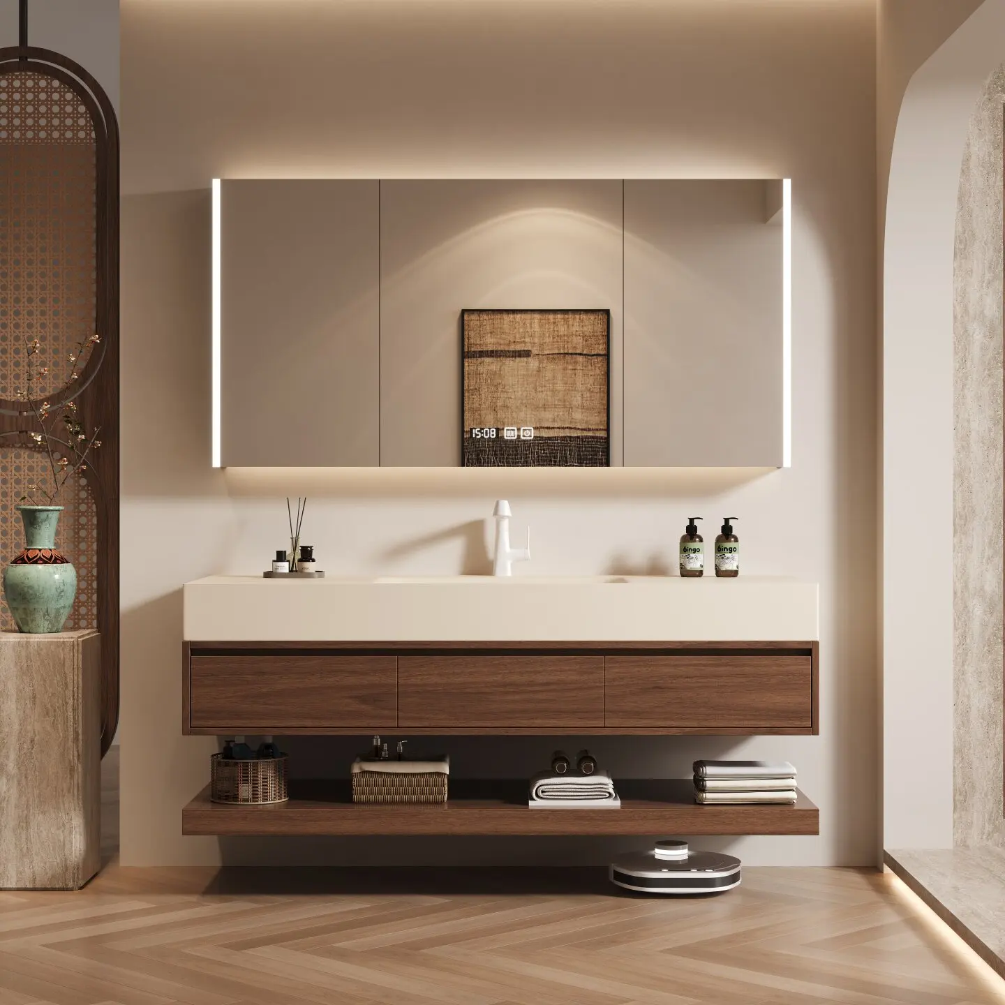 Smart bathroom cabinet combination medium and ancient style rock slab hot bending integrated basin washbasin washbasin cabinet