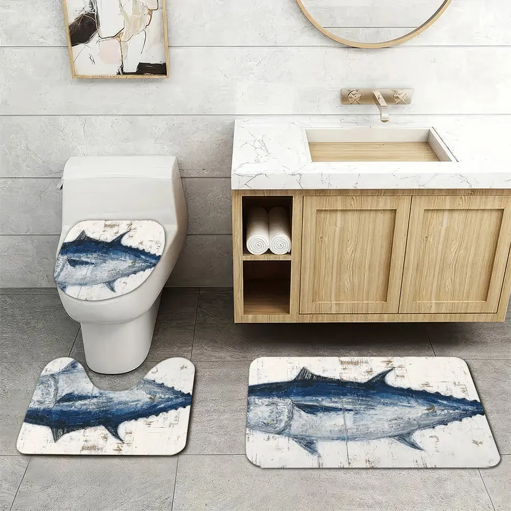 Set of 3 Shark Print Bathroom Mat Set Toilet Seat Cover and Rug for Coastal Nautical Decor