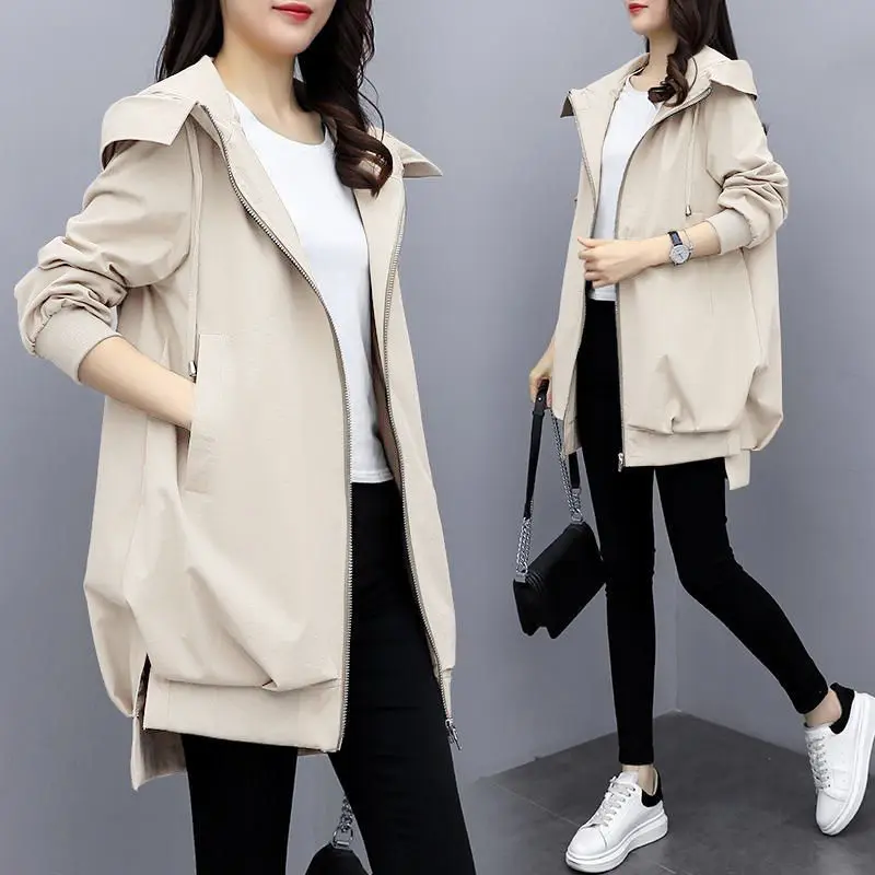 Women\'s Spring And Autumn Jacket Korean Style Khaki Loose Relaxed Hooded Windbreaker Mid Length Black Fashion Coat For Women Top