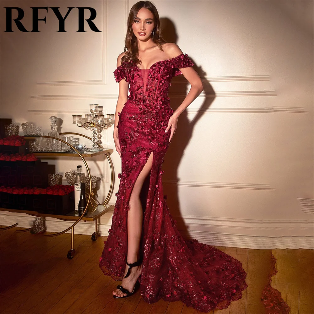 

RFYR Red Prom Dress Off the Shoulder Evening Party Dresses Trumpet Dress Floor Length Elegant Appliques Party Gowns Customized