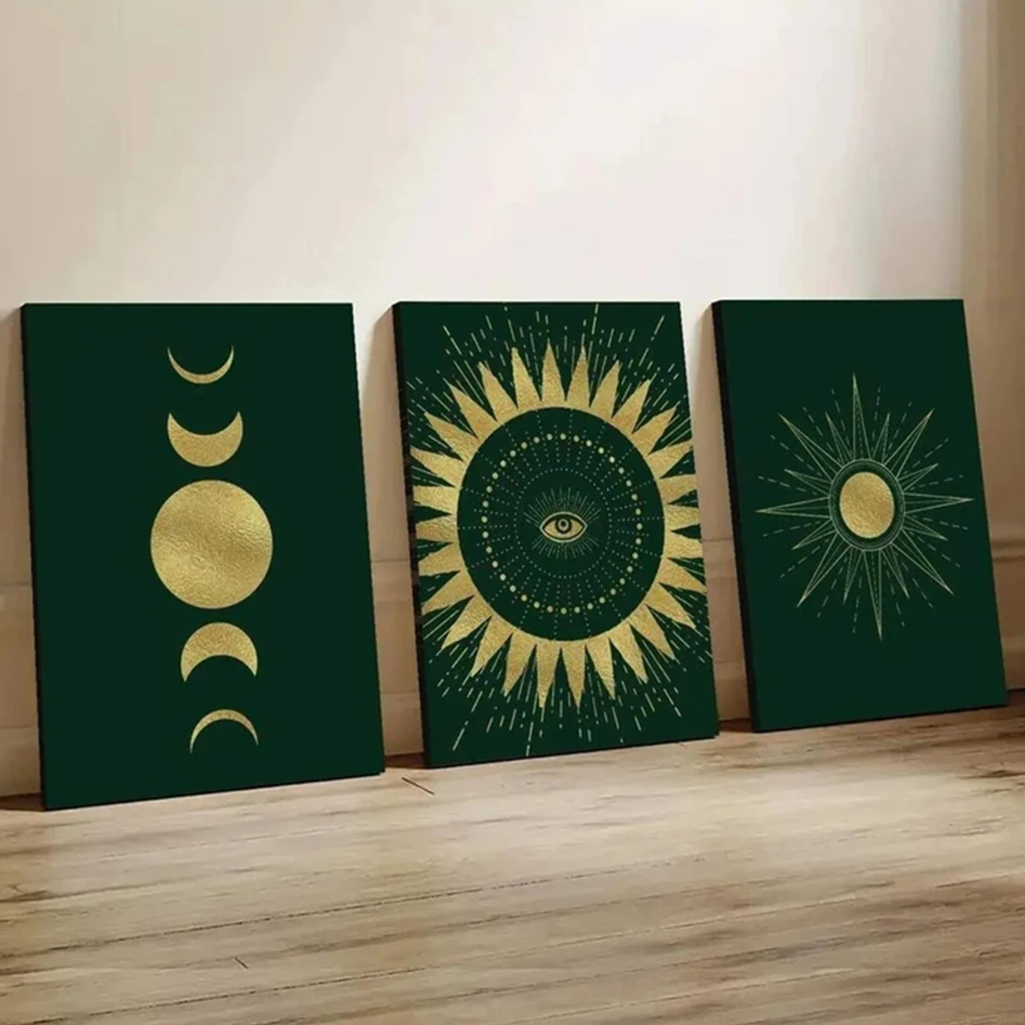 3pcs Modern Green Boho Sun And Moon Wall Art Print Canvas Painting Poster Picture For Living Room,Bedroom Home Decor