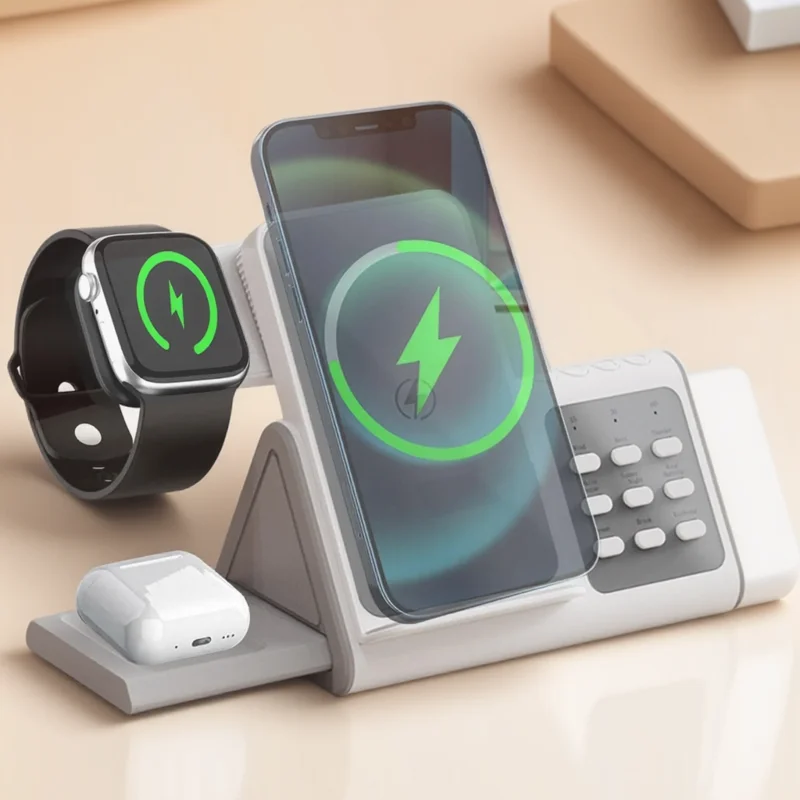 حامل شاحن لاسلكي 3 في 1 مع ضوء ليلي أبيض اللون شحن سريع لسماعات Apple Watch AirPods