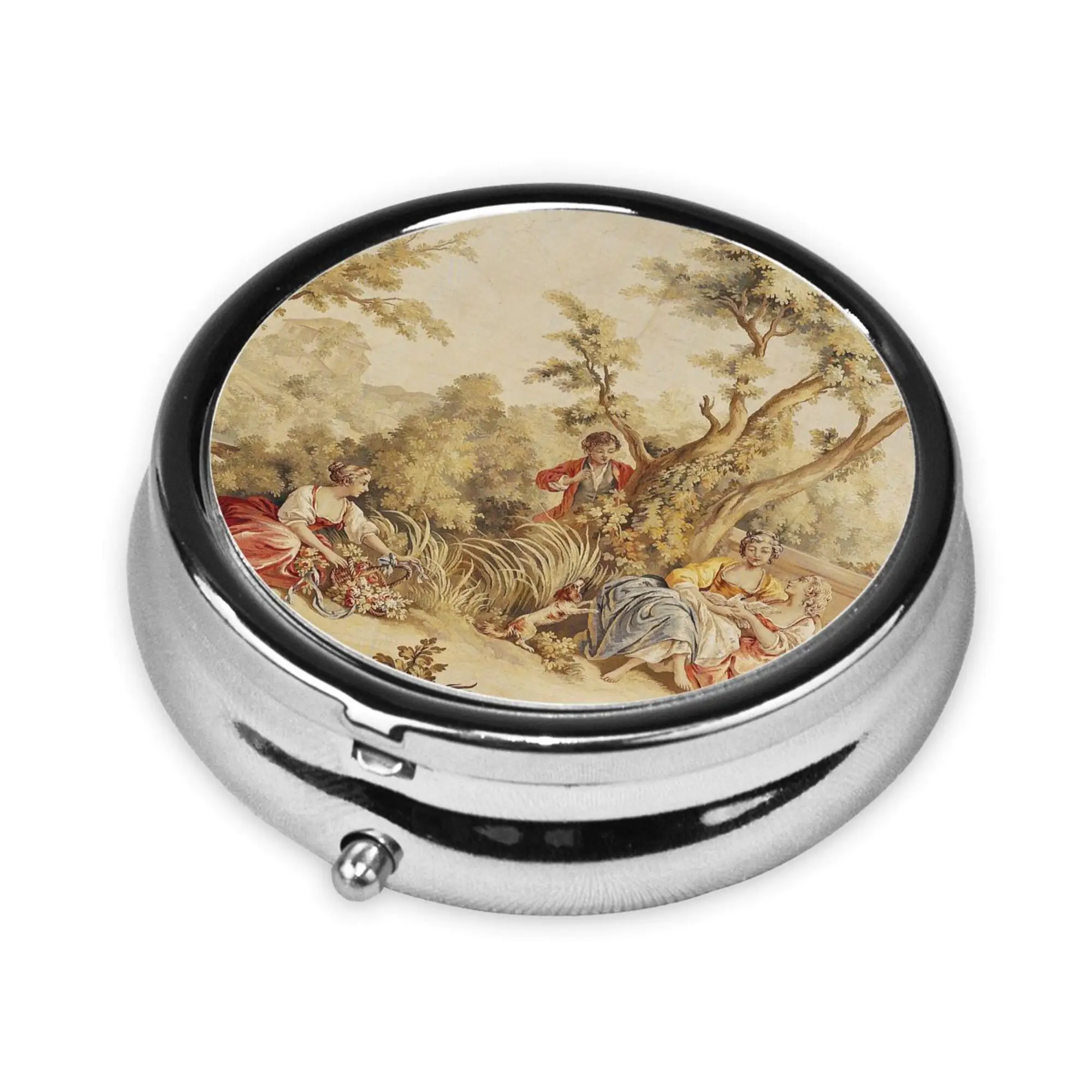 French Toile De Jouy Print Round Pill Box 3 Compartment Metal Pill Case Portable Vintage Medicine Vitamin Pill Organizer Case