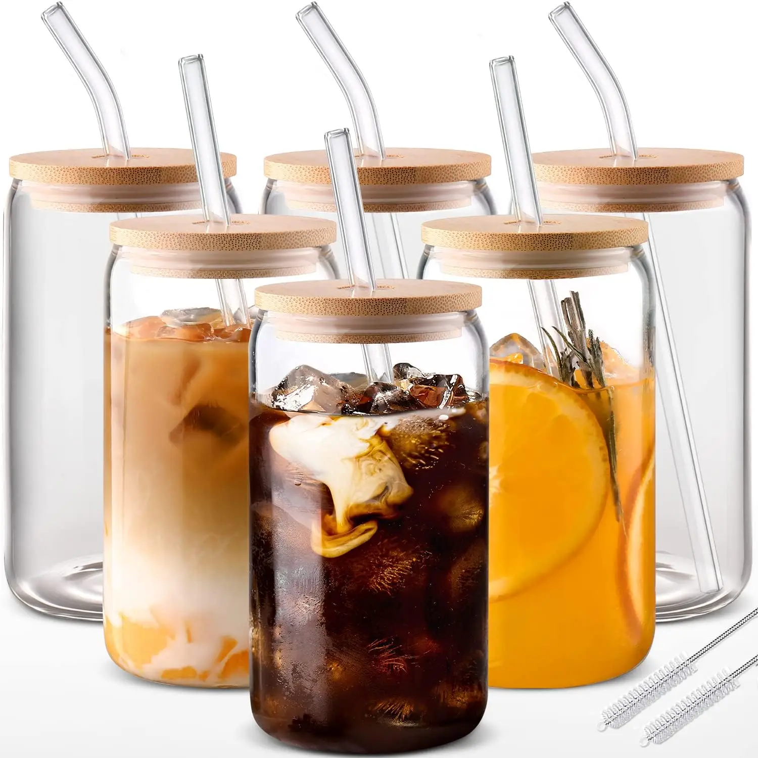 4/6 Stück, 18,7-Unzen/550 ml Glasbecher mit Deckel und Strohhalm, Einmachglas-Trinkbecher, Eiskaffeetasse, mit Bambus überzogene Glasbecher,