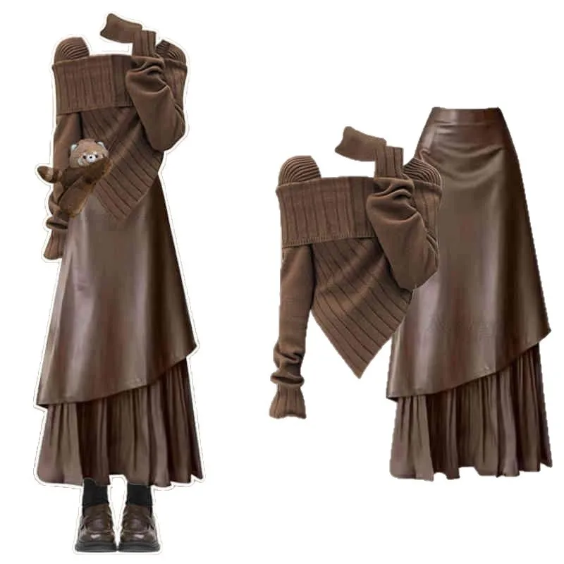 Maillard Fashion Women's Set Autumn/Winter Scarf Slim Knitted Sweater+Irregular Half Skirt Two Piece Set - Image 6