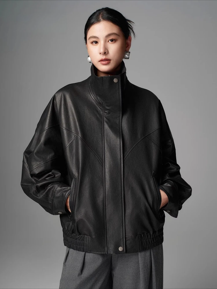 

Casual Genuine Leather Jackets for Women Autumn Winter High-end Simple Stand Collar Double-sided Wear Black Real Sheepskin Coat