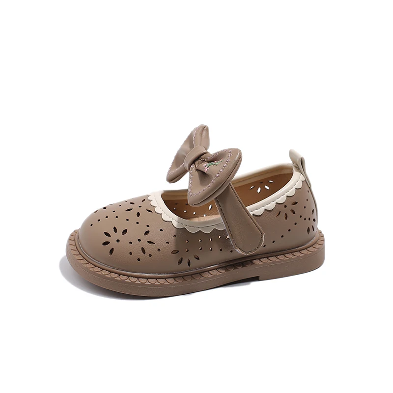 Zapatos de princesa de cuero Pu suave para niños y niñas, boca poco profunda, zapatos de princesa para estudiantes, zapatos de cuero transpirables antideslizantes huecos, novedad de verano