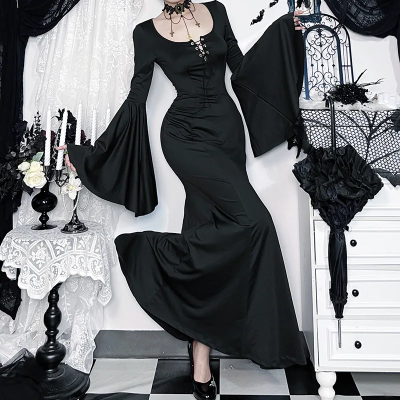 2025年ニューレトロハイウエストフレアスリーブレースカットアウトゴシックドレスY2Kハロウィンストリートパーティー美的クラブウェアマキシロングドレス