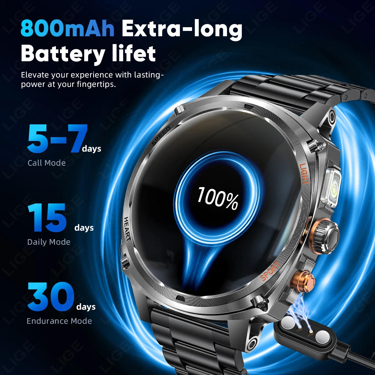 LIGE ساعة ذكية 1.75 بوصة HD عرض 800mAh بطارية كبيرة Smartwatch 100 + وضع رياضي IP68 إضاءة مقاومة للماء مصباح يدوي الساعات الذكية