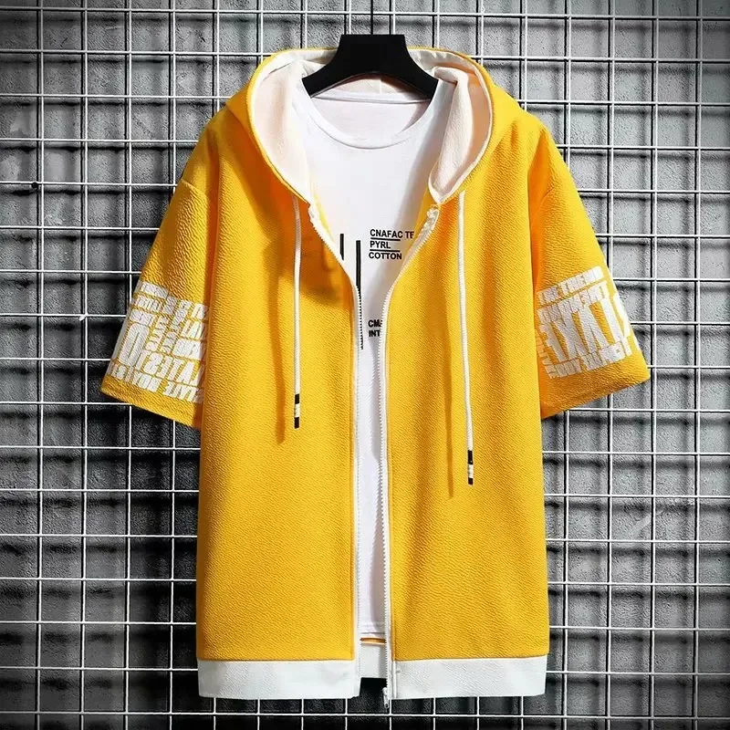 Fashion Men's Hoodies Summer Men Clothing T-shirt Zipper Hood Cartoon Casual T Shirt Print Hooded Top Short Sleeve Men