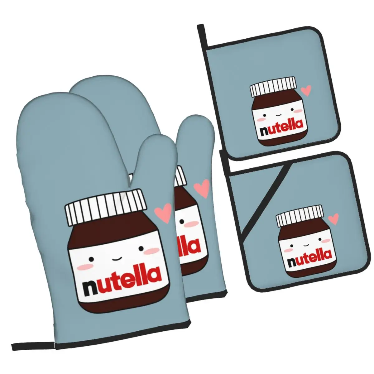 Niedliche Nutella-Glas-Ofenhandschuhe und Topflappen, 4er-Set zum Backen, Kochen, Grillen, rutschfeste Handschuhe