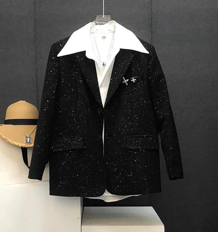 

Модный повседневный мужской пиджак с золотыми точками, свободный крой, с принтом звезд, длинный рукав, весенне-осенняя верхняя одежда для взрослых