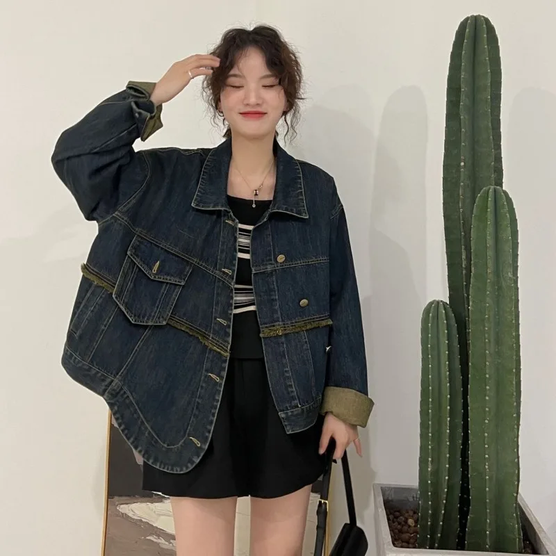 

Women's Vintage Loose Denim With Frayed Edges - 2025 Autumn Trendy Asymmetric Collar Short Top Unique Small Batch Design