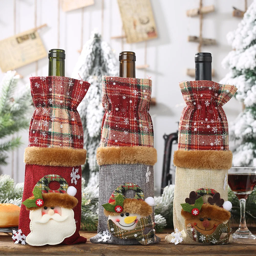 

3PCS Creative Christmas Wine Champagne Bottle Sleeve Checkered Linen Cloth Bag for Tabletop Window Living Room Decor