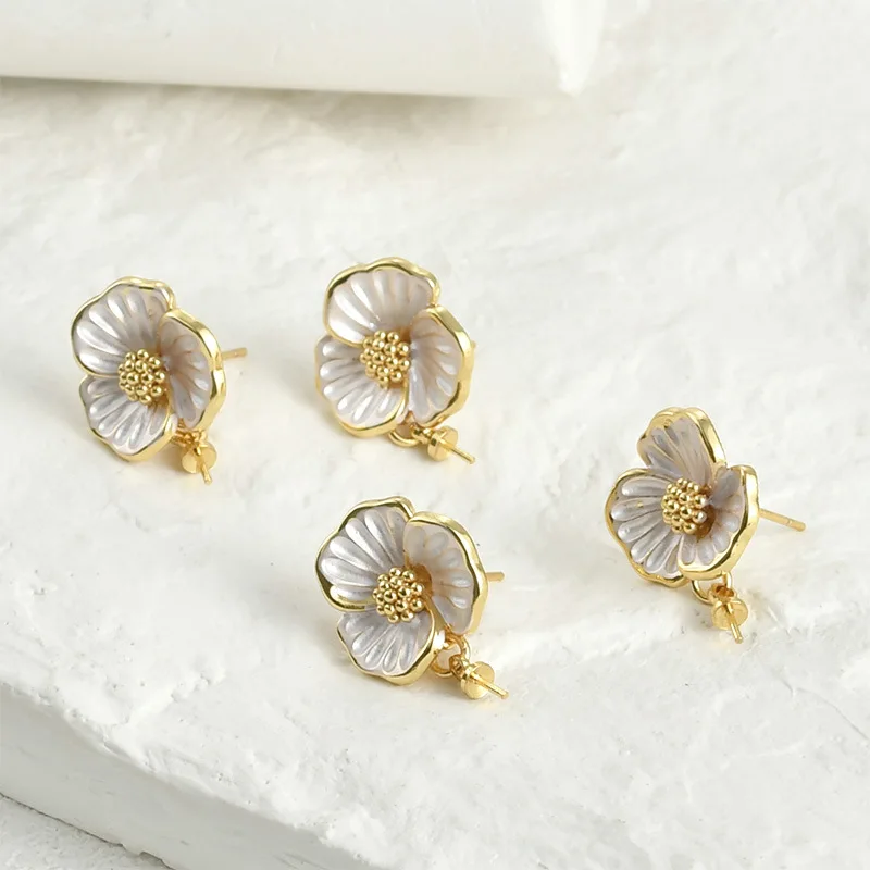 

Серьги-гвоздики из серебра с медным покрытием и позолотой 14 карат, с белым цветком и элементом «овечий глаз», для самостоятельного изготовления жемчужных серег, аксессуары