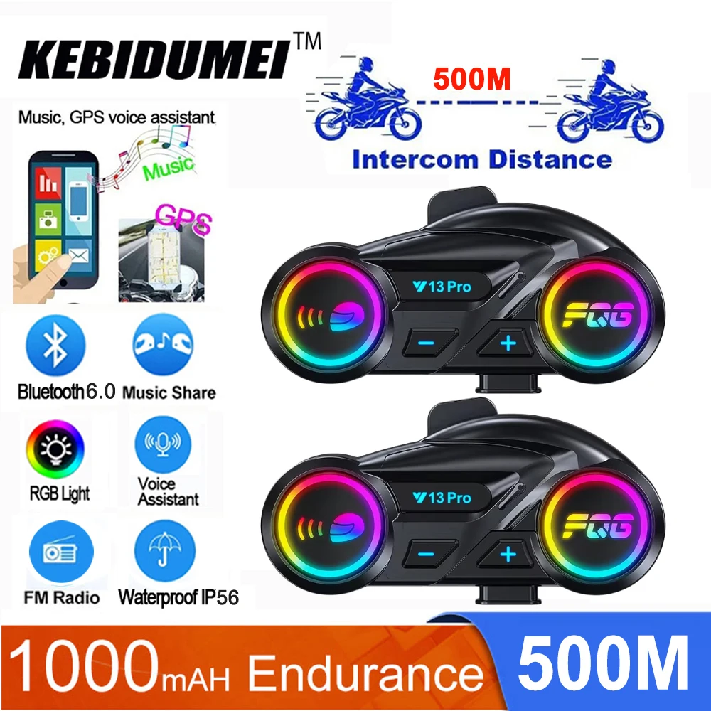 

1/2x RGB FM Interphone 500m Bluetooth 6.0 Motorcycle Helmet Intercom Handsfree Waterproof Music Share Noise Reduction 1000mah
