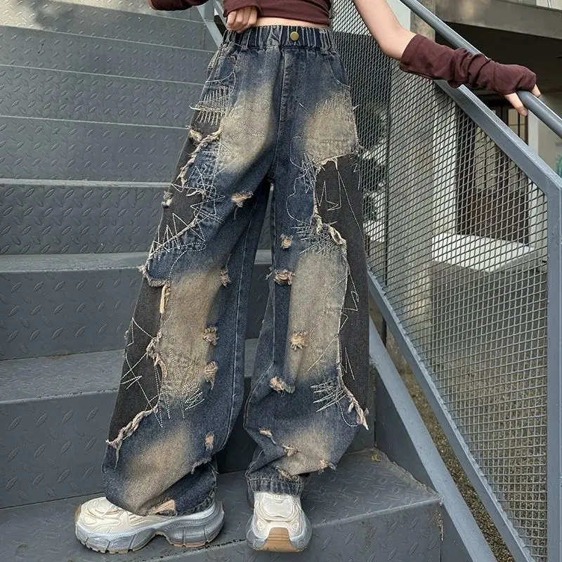 Girls Vintage Distressed Denim Jeans Spring Autumn Fashion Color Block Straight Leg Pants Kids Casual Trousers