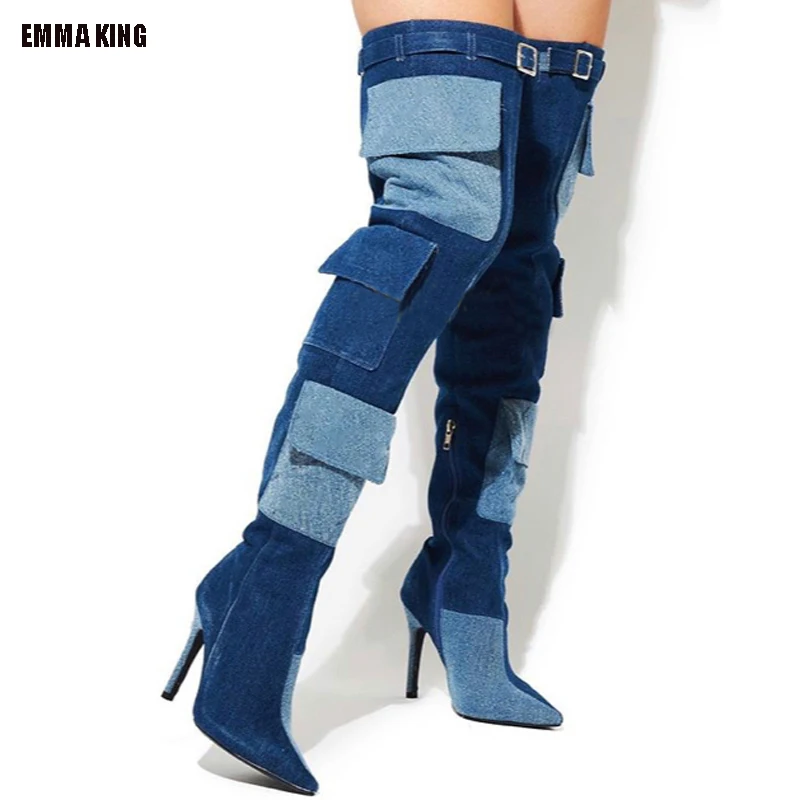 

New Women Fashion Blue Jeans Denim Boots Pointed Toe Pocket Over The Knee Boots Female Thin High Heel Loose Long Botas