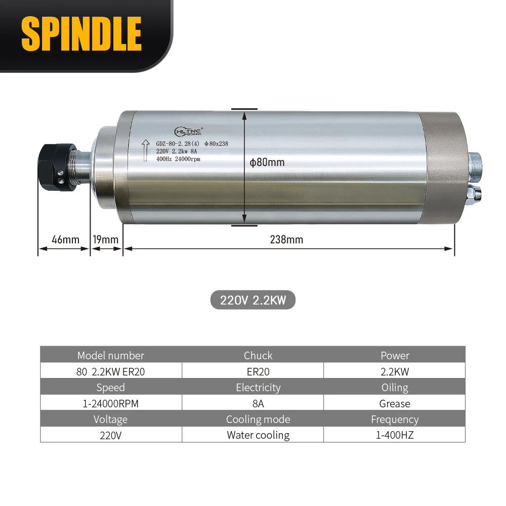 2.2KW 220V Water Cooled Spindle Motor Kits & 2.2kw VFD Inverter 24000rpm ER20 Collets for CNC Router Engraving Milling Machine