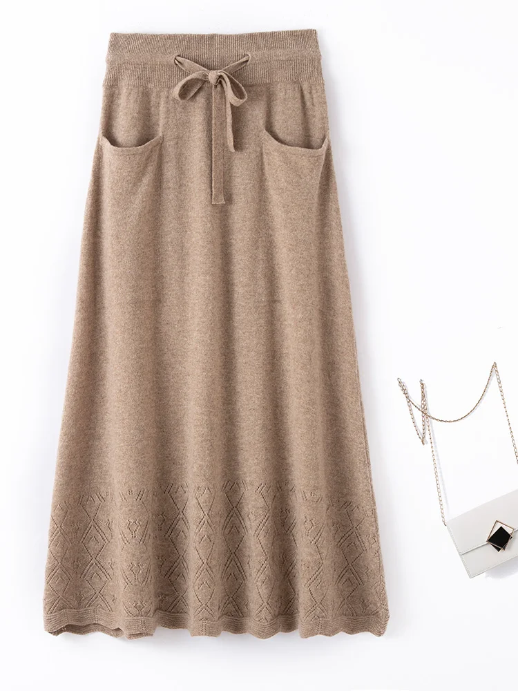 

Women Retro 100% Merino Wool Skirts Ankle-Length High Waisted Pockets Full Skirt Autumn Winter Soild Casual Fashion Knit Dress