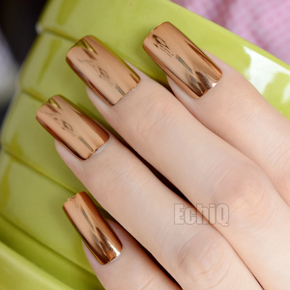 Extra Long Press On Nails Glossy Champagne Mirror Acrylic Nail Tips Square Top