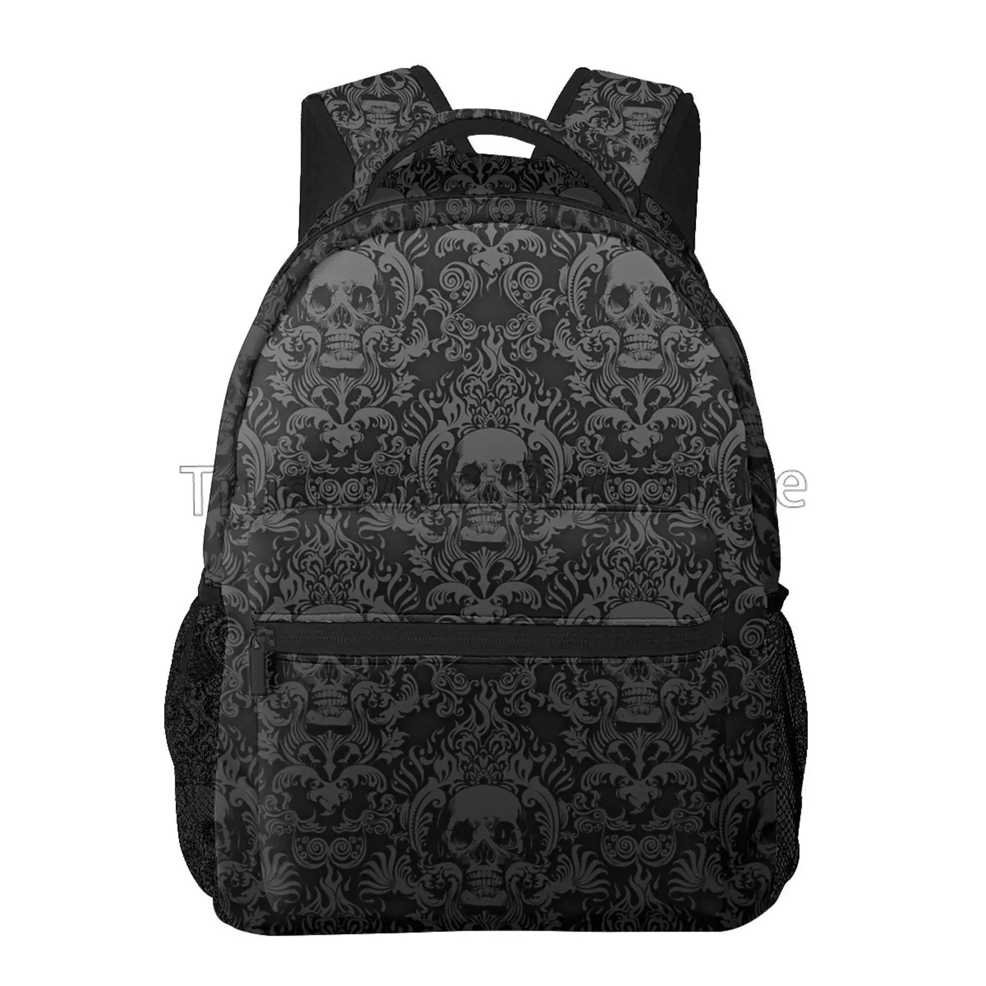 Unisex Goth Gothic Black Skull Damask Pattern Backpack, Mochilas para Laptop Casual, Mochila Escolar, Viagem, Caminhadas, Camping, Mochila