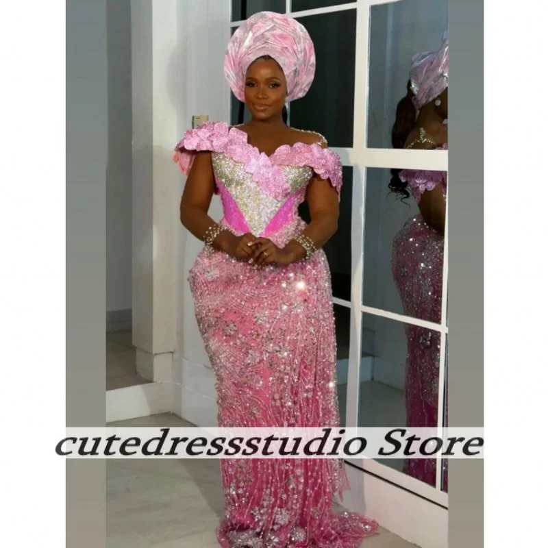 Robe de soirée sirène rose scintillante, avec des appliques de paillettes, manches transparentes, longue robe de soirée de mariage, robes de bal Aso Ebi personnalisées