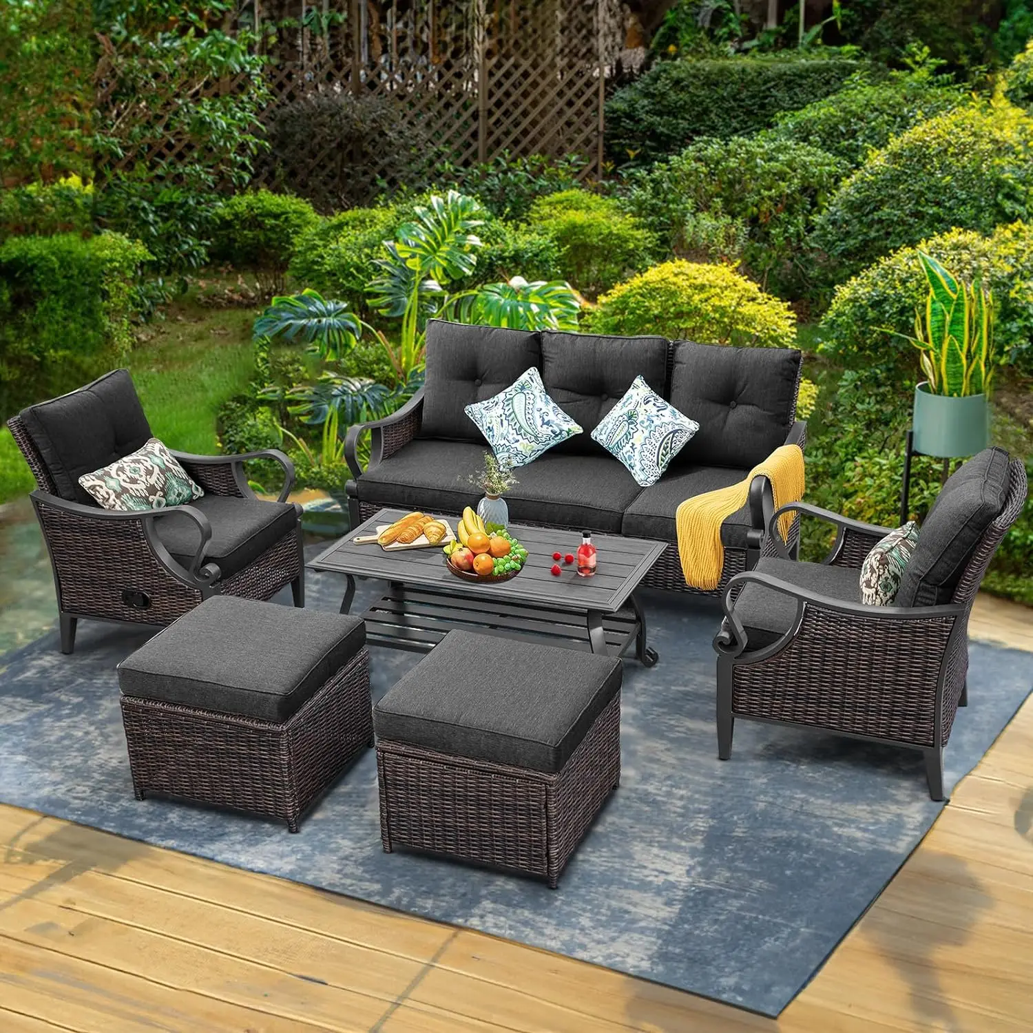 

6Pieces Patio Furniture Set All Weather Outdoor Conversation Sectional with Reclining Chairs, Rattan Sofa Set with Metal Armrest