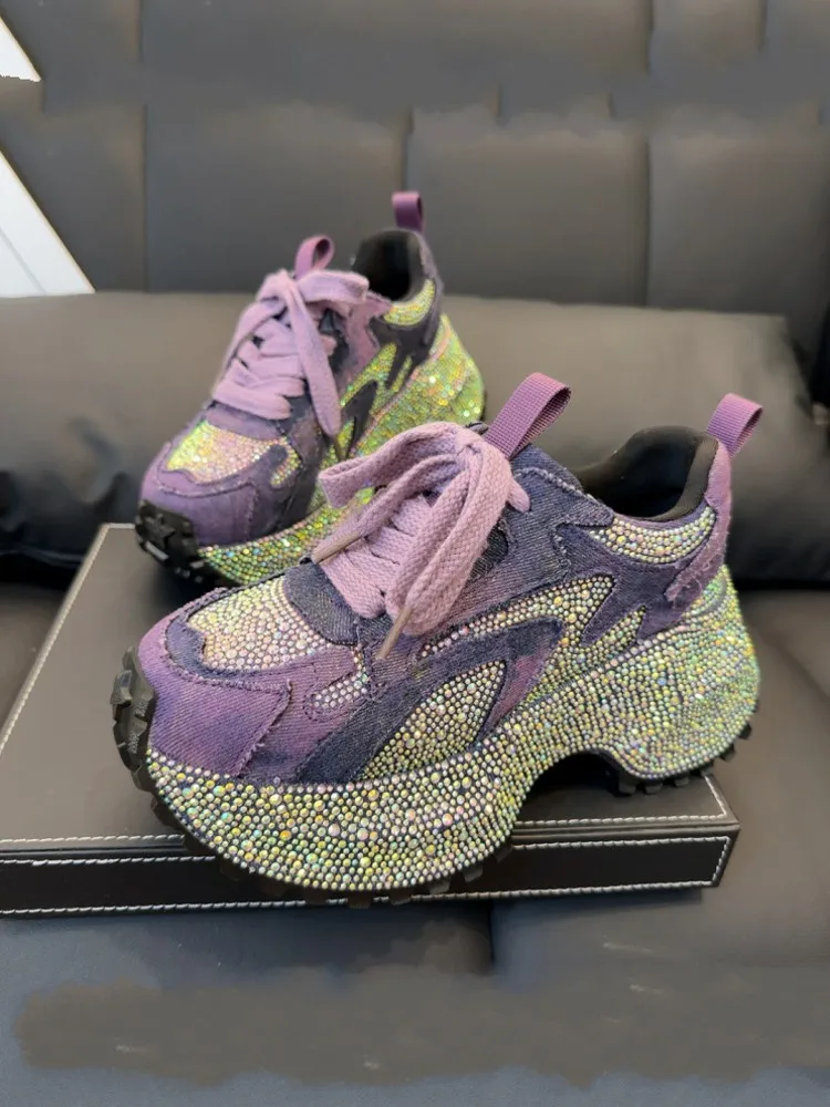 Comfortable Lady Sequin Diamond Lace Up Denim Spliced Mesh Height Increasing Thick Platform Pumps Casual Sneakers Fashion Shoes view 5