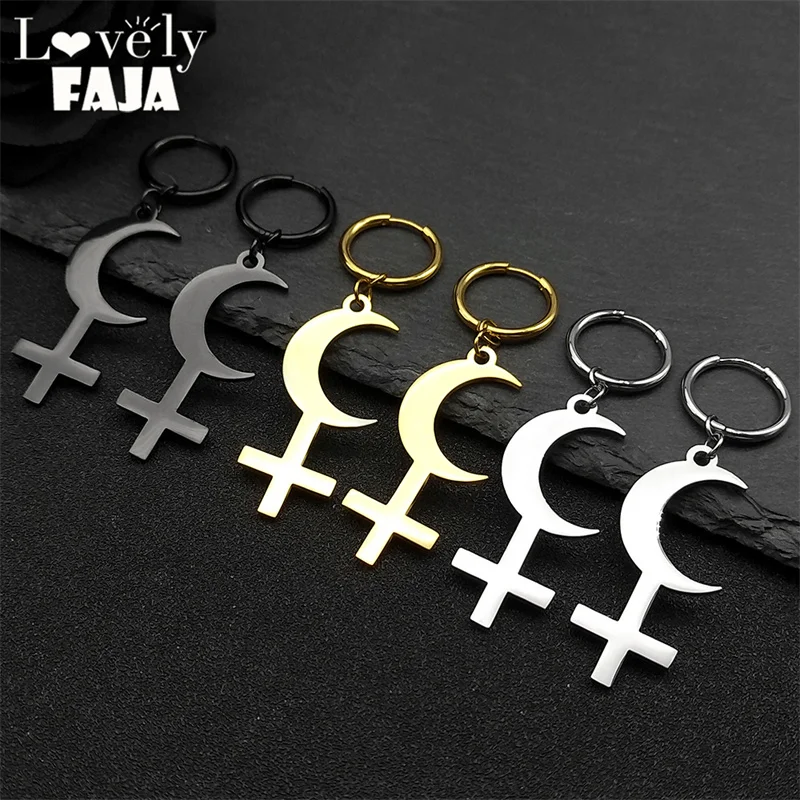 Crescent Moon Inverted Cross Earrings for Women Men Stainless Steel Gold Color Astrological Symbol Sign Earring Satan Jewelry