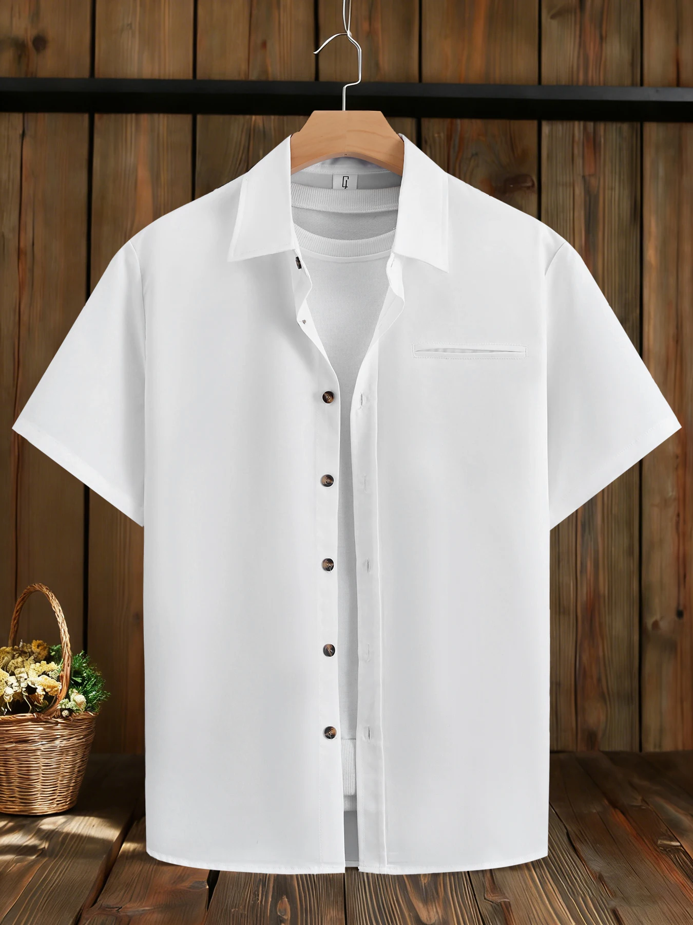 Men's Pure White Short-Sleeve Shirt with Lapel Collar, Front Patch Pocket, Loose Casual Top, Basic Versatile Solid Color Button-Up Shirt for Men