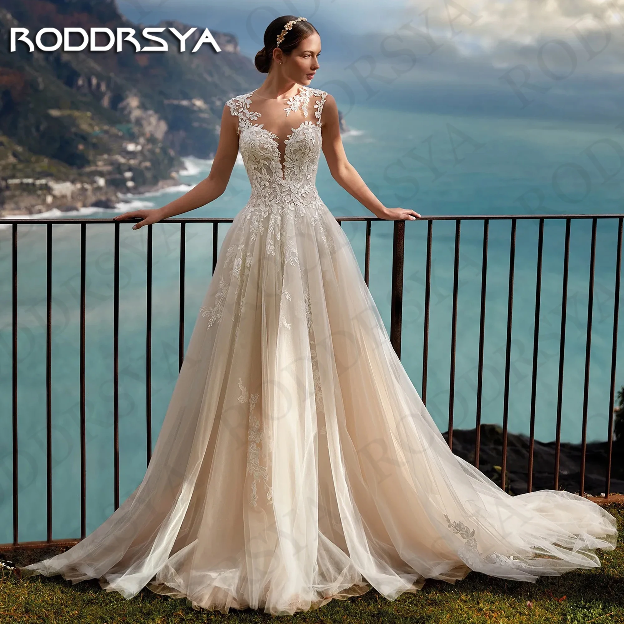 

RODDRSYA Luxury Illusion Wedding Dress 2024 Bride Sleeveless Lace Appliques A Line Bridal Gown Tulle Custom vestido de novia