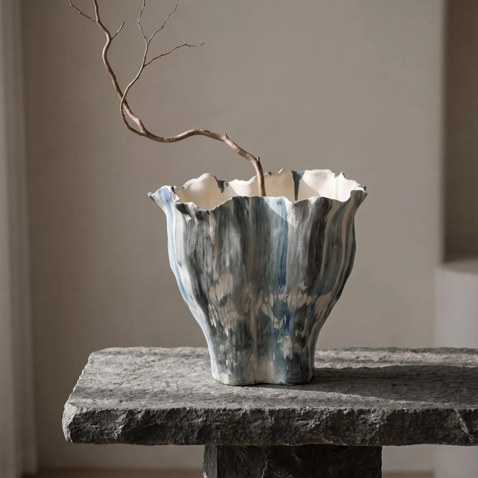 Decorative Ceramic Vessel Handmade Pottery Planter for Japanese Wabi Sabi Decor with Organic Shape Textured Surface