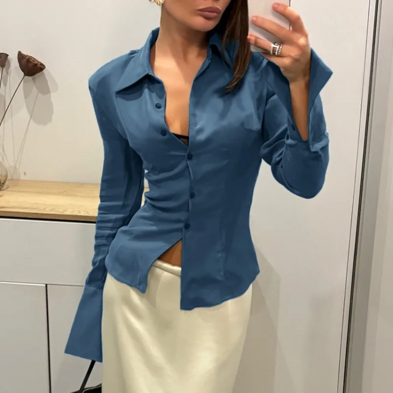 Women's Satin Lapel Collar Shirt Slim Fit Draped Vintage Long Sleeve Fall Winter New Casual Elegant Office Chic Trendy Blouse