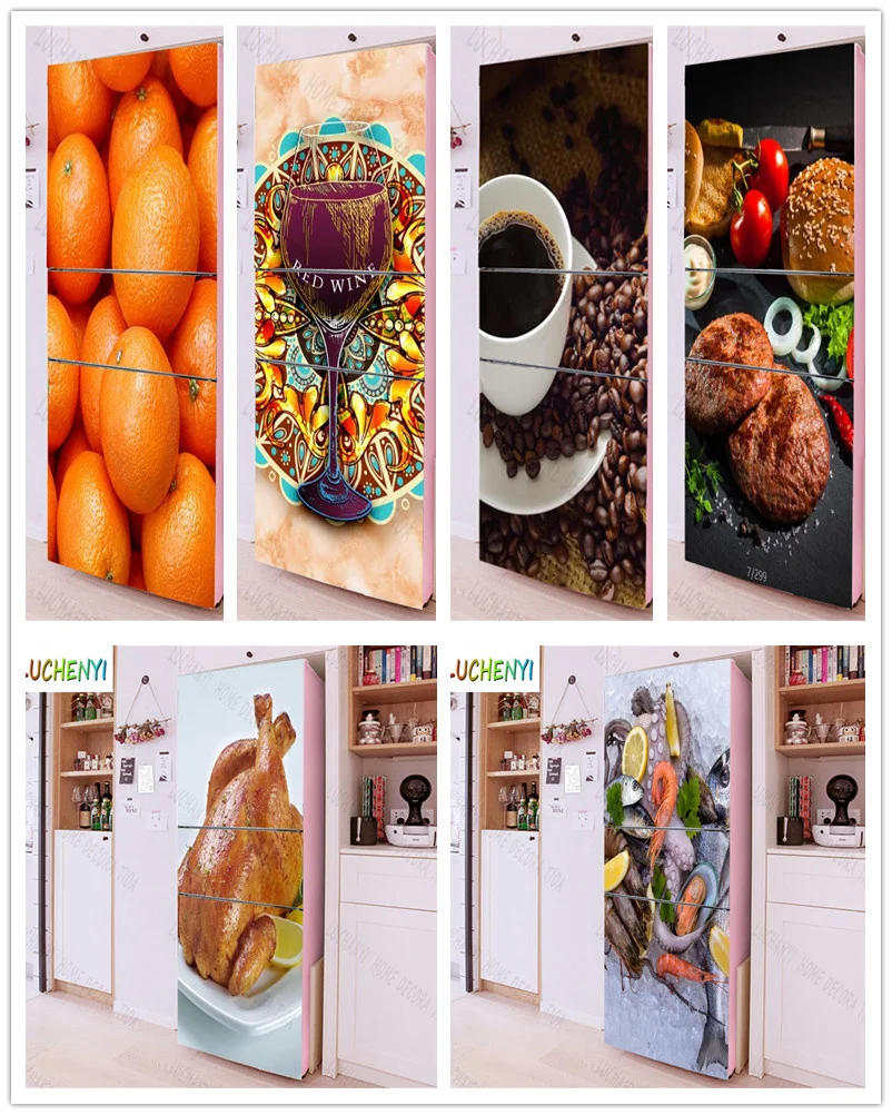 Papel de paredewine glass big burger roast turkey fruit refrigerator sticker door kitchen fridge wallpaper mural , home decor