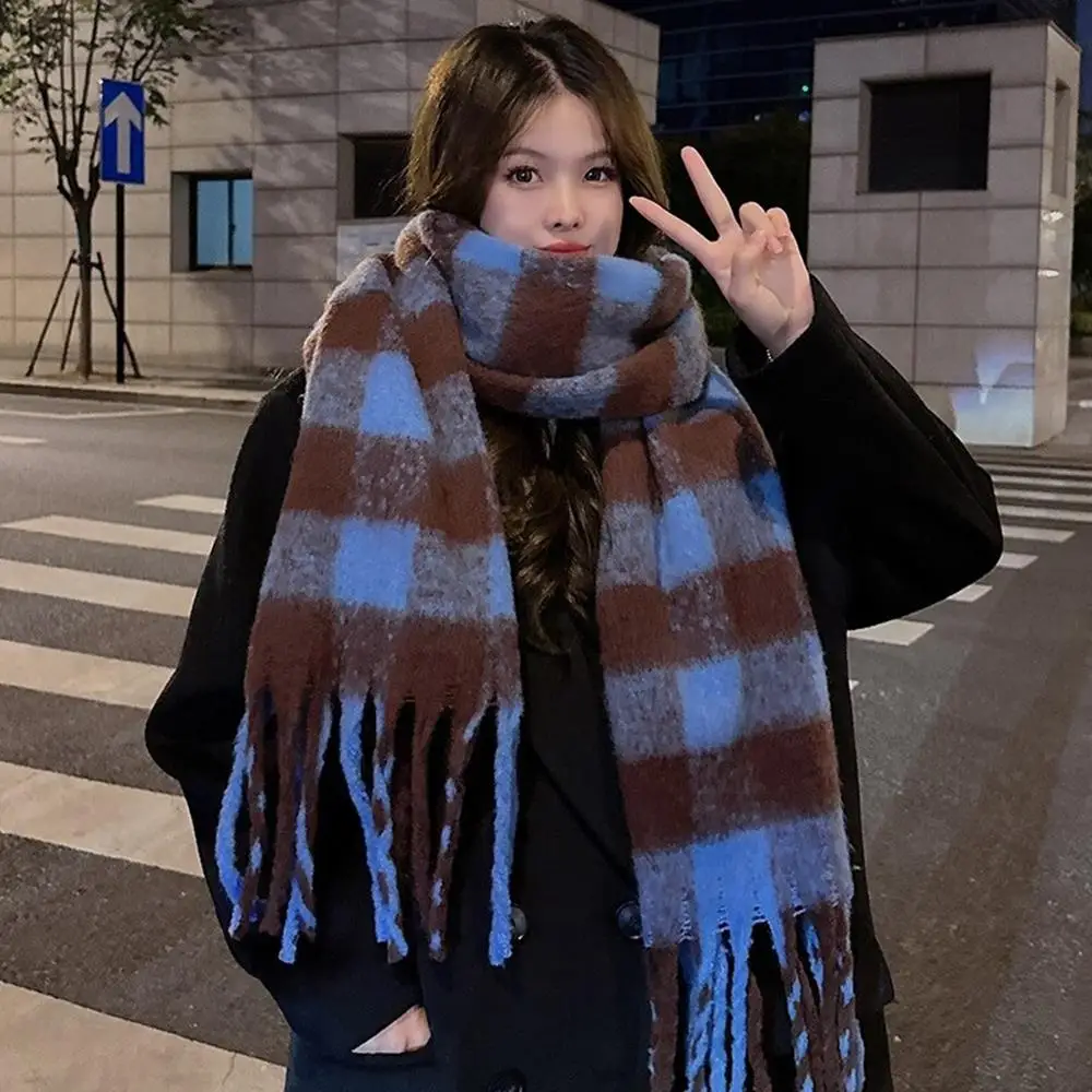 2024 Autumn Winter Plaid Oversized Scarf Couples Vintage Versatile Warm Winter Outdoor Wool Shawl for Men Women Pashmina