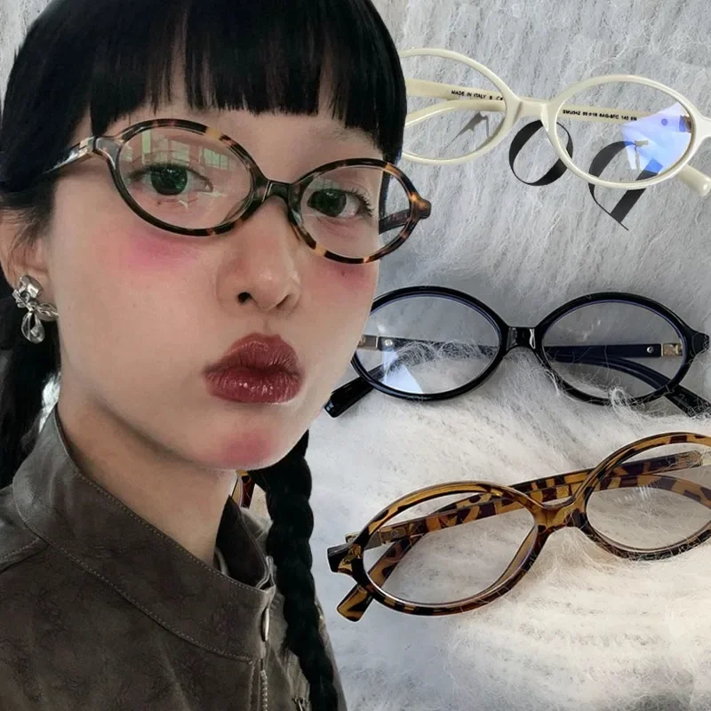 Retro Oval Glasses Fashion Girls  Black White Leopard Frame Glasses New Simple Y2K Style Oval Eyeglass Women Decorative Eyewear