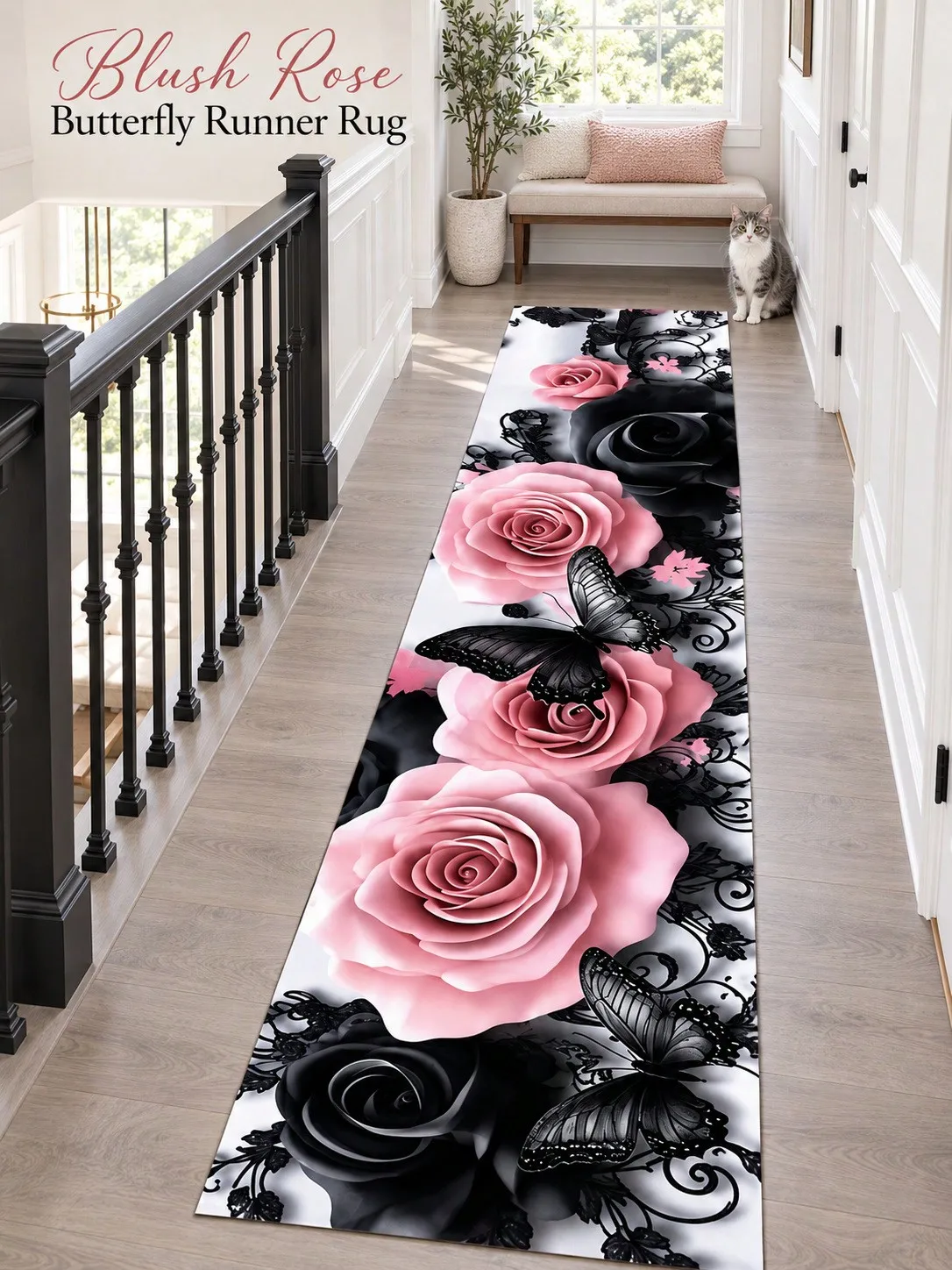 Rose Butterfly Aisle Runners Long Carpet Runner Rugs Hallway Entryway Bedroom Kitchen Floor Decor Apartment Home Furnishing Laundry Room Makeover Beside Beds Christmas Birthday Anniversary Housewarming Gifts for Family and Friends Who Love Flowers