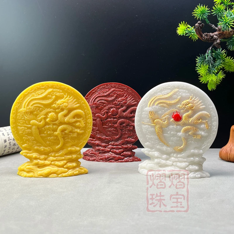 Antique-style Dragon and Phoenix resin ornaments, imitation Shoushan stone tabletop screen, home entrance, wine cabinet decorati