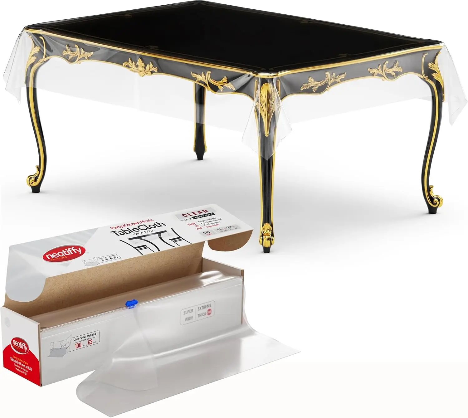 

Рулон прозрачной одноразовой пластиковой скатерти 62 дюйма x 100 футов с выдвижным резаком | Водонепроницаемый чехол для прямоугольных, квадратных и овальных столов