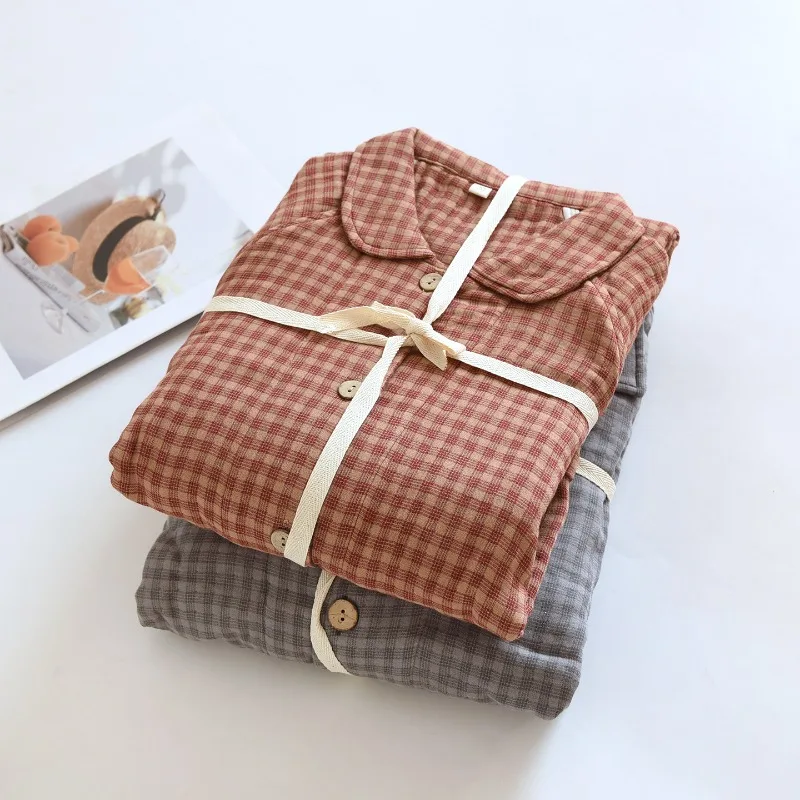 Couples 4-Layer Cotton Gauze Pajama Set Men Women Retro Plaid Long Sleeved Loose Fit Sleepwear Comfortable Class a Loungewear