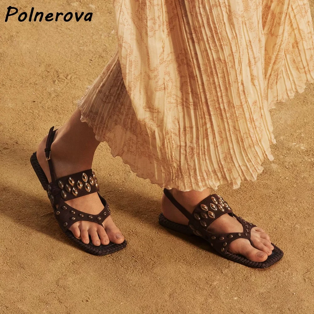 Gold Rivet Slingback Sandals Square Toe Woven Flat Sole Suede Flip Flops Shoes Retro Boho Ankle Strap Summer Vacation Shoes