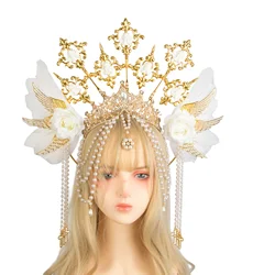 Lolita Sun Halo Crown Headpiece Tassel Bead Chain Angel Wings Rose Spiked Headband Gothic Vintage Mary Baroque Tiara Headwear