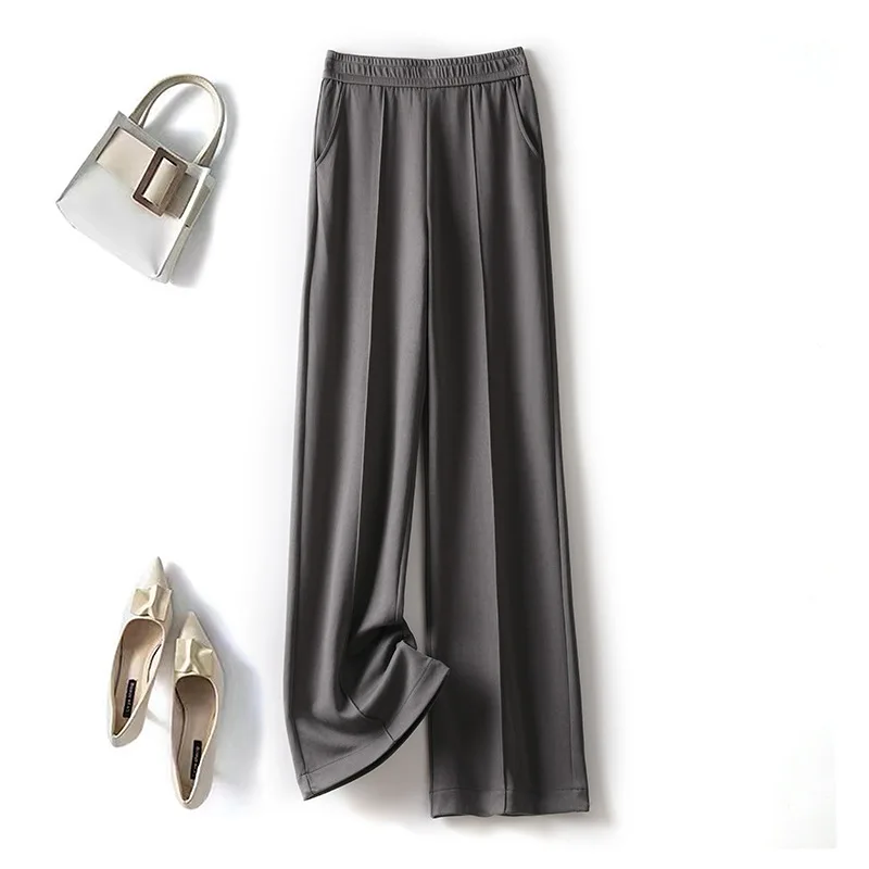 Plant Fiber Straight Drapey Pants Women Full Length High Waist Solid Color Loose Thin Wide Legs Trousers