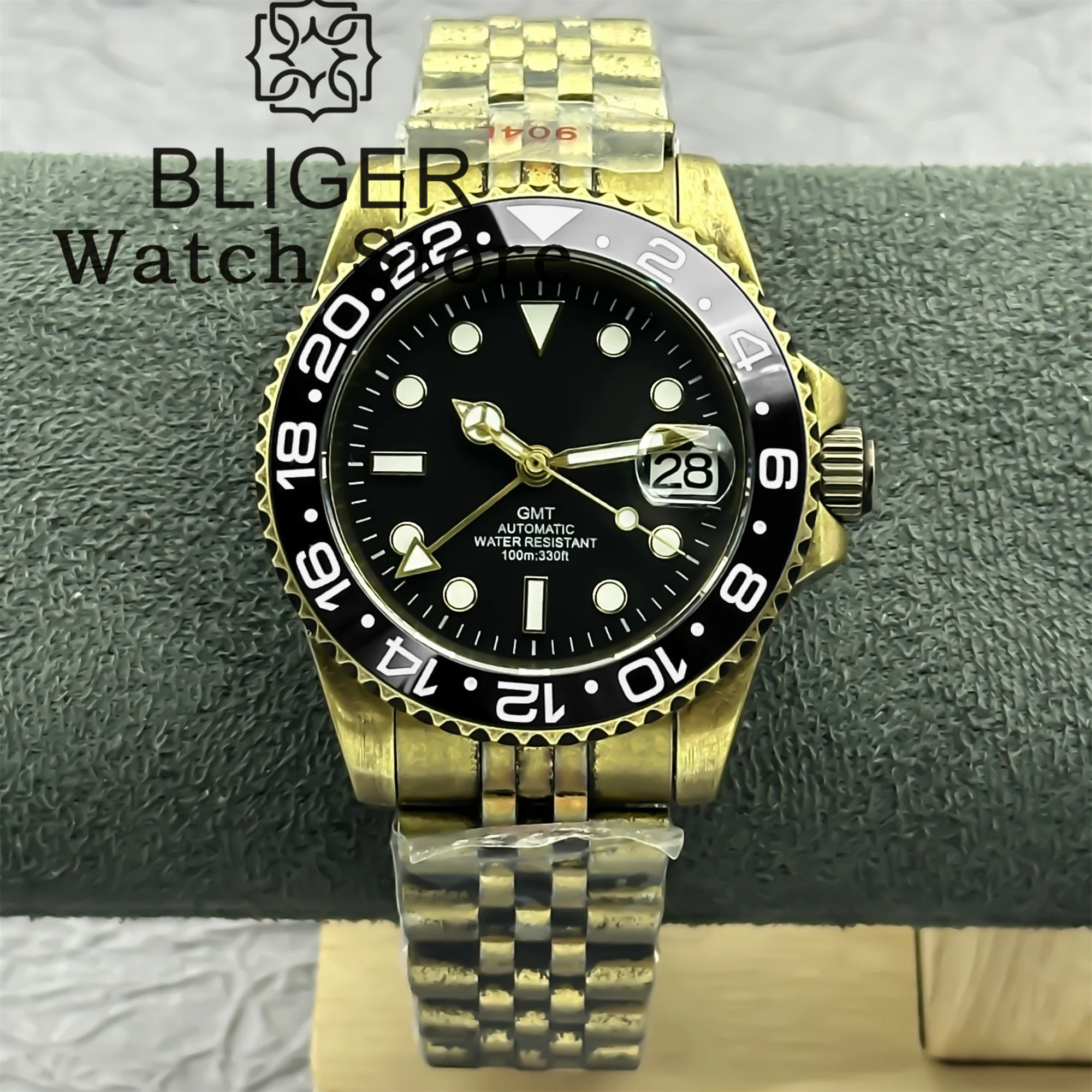 BLIGER 40mm Solid Bronze Watch For Men NH34A Automatic GMT Function Black Dial Sapphire Glass Bronze Bracelet Deep Waterproof