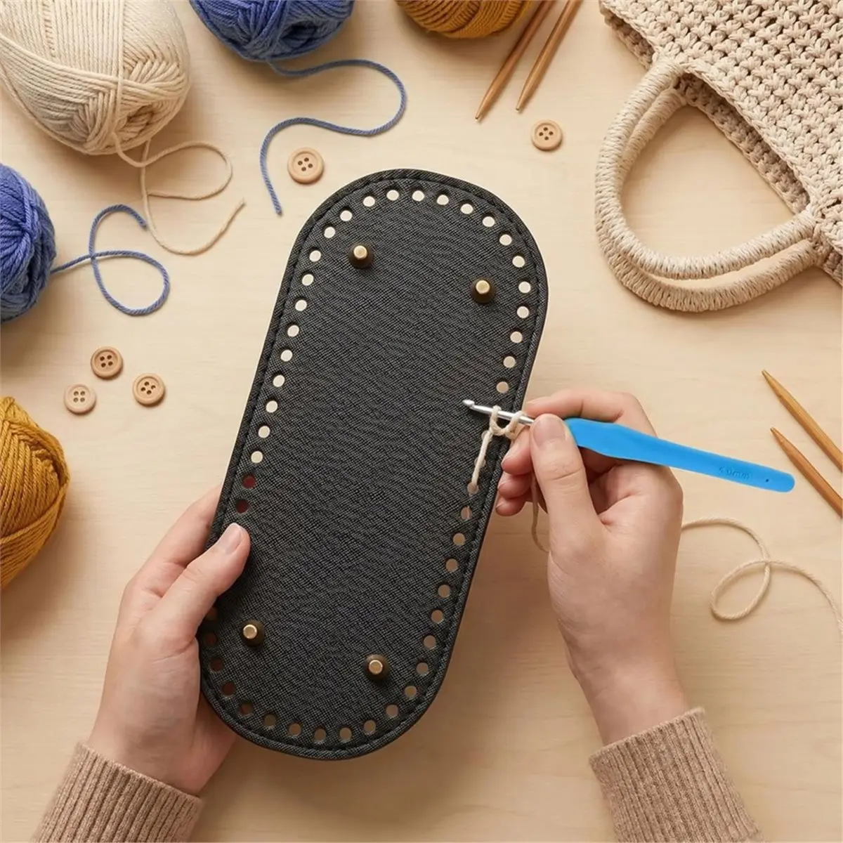 2026 New Tool 4+8 PCS Bag Bases for Crochet with D Shape Purse Handles, 3 Crochet Hooks, PU Leather Bottoms for DIY Bag Making