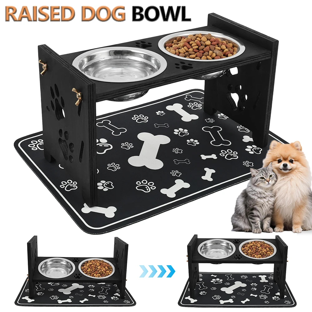 

Приподнятая миска для собак из нержавеющей стали с деревянной подставкой, регулируемая по высоте, для защиты шеи, станция для кормления кошек, зоотовары