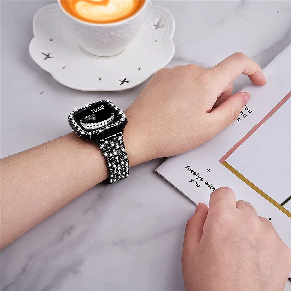 Women\'s Diamond Case + Strap for Apple Watch Band 9 8 7 41mm 45mm 40mm 44mm Metal Bracelet for iWatch Series 7 SE Jewelry Cover