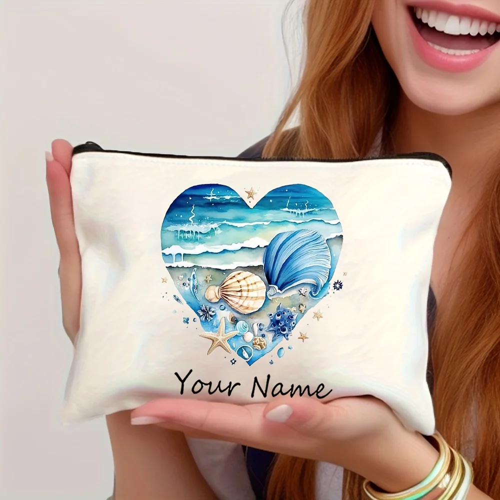 Custom Name Text Vintage Ink Wash Ocean Seashell Summer Pattern Cosmetic Bag Handbag Toiletry Bag Pencil Case Gift Bag