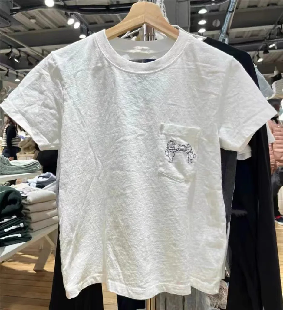 Angel Embroidery Short Sleeve T-Shirts Women Summer Cute Round Neck Soft Cotton Pocket Tees Female Streetwear Vintage Y2k Tops